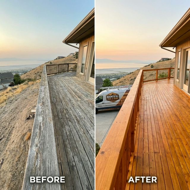 Beautifully stained deck in Bountiful Utah bench neighborhood with Salt Lake Valley panoramic views