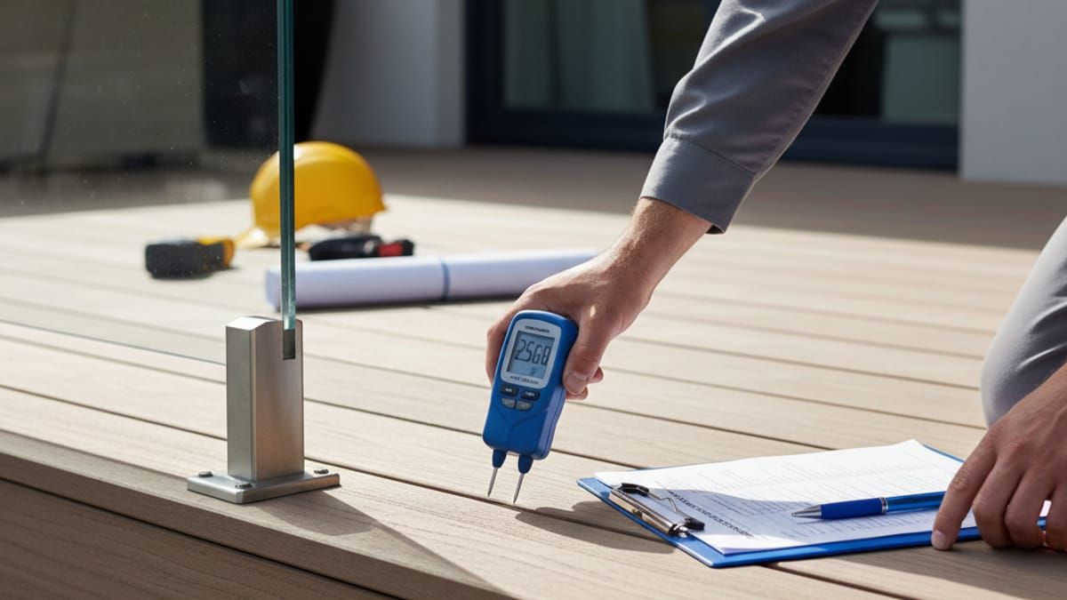 Professional inspecting deck with clipboard and moisture meter