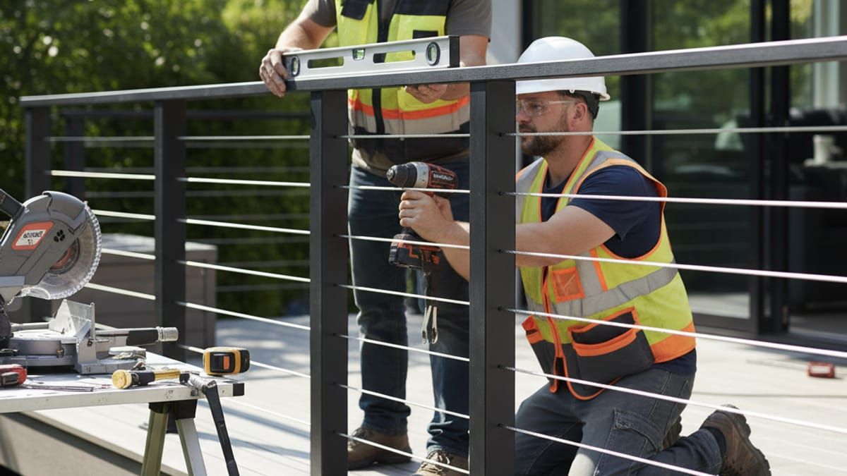 New deck railing system being installed with professional tools